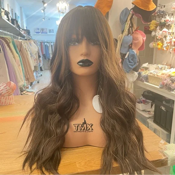 - Human hair blend brown /blonde highlights wig with bang Brown Wig With Blonde Highlights Straight Human Hair Wig  main image 2